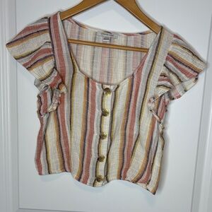 American Eagle Outfitters Multi-Stripe Button Front Top in Pink and Cream